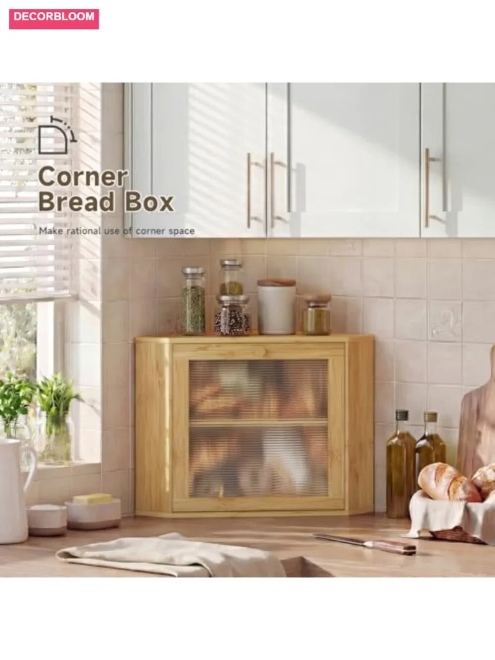 Corner Bamboo Bread Box Adjustable Storage